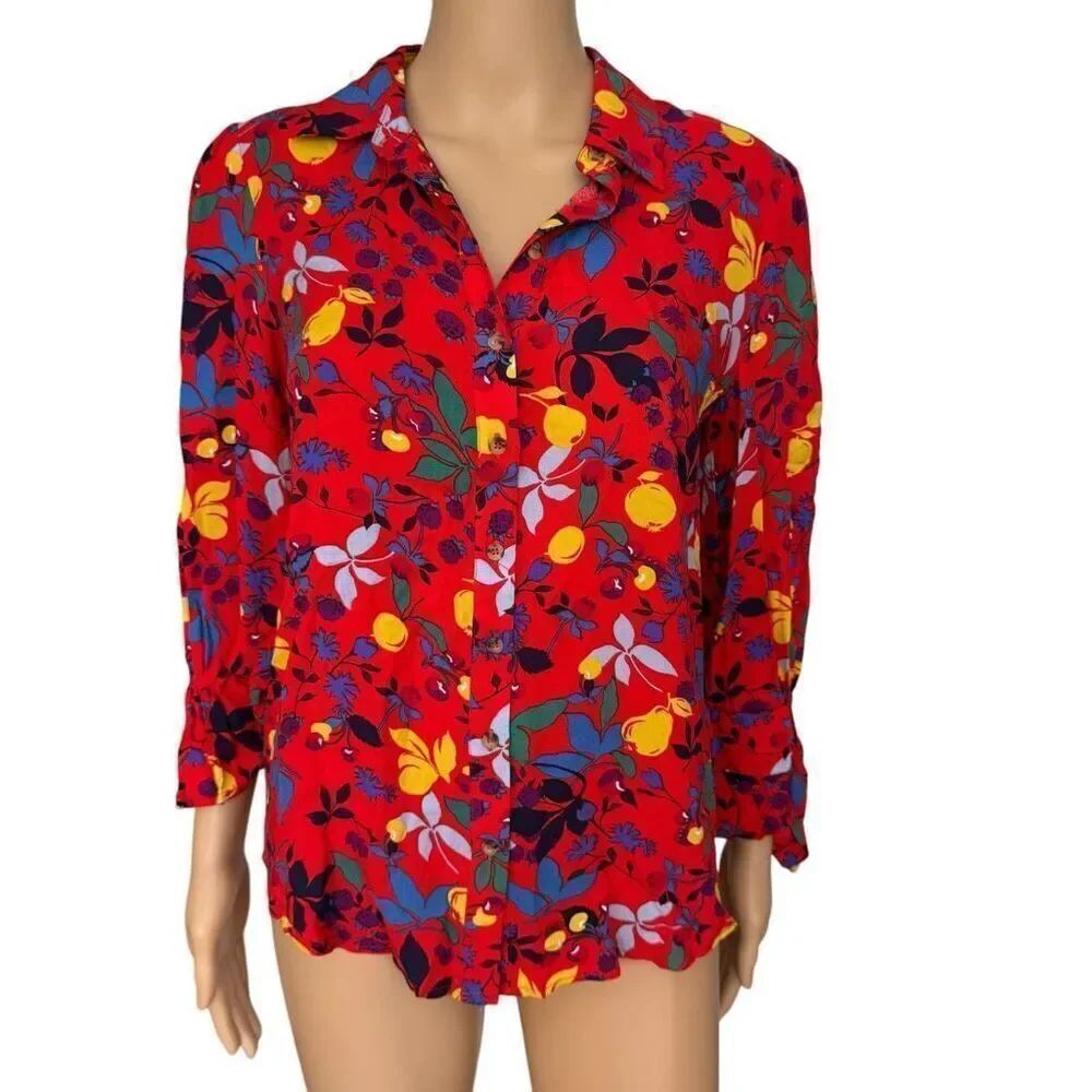 PHILOSOPHY BRIGHT COLORFUL MULTI FLORAL FRUIT TIE BUTTON UP BLOUSE SHIRT size S